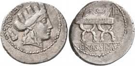 P. Furius Crassipes, 84 BC. Denarius (Silver, 21 mm, 4.01 g, 1 h), Rome. AED•CVR Turreted head of Cybele to right; behind, foot upwards. Rev. Curule c...