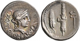 C. Norbanus, 83 BC. Denarius (Silver, 18 mm, 3.91 g, 7 h), Rome. C•NORBANVS / CXXVIII Diademed head of Venus to right, wearing necklace and pendant ea...