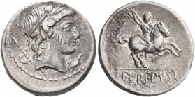 Pub. Crepusius, 82 BC. Denarius (Silver, 18 mm, 4.09 g, 1 h), Rome. Laureate head of Apollo to right with scepter and C behind; before, bird standing ...