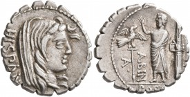 A. Postumius A.f. Sp.n. Albinus, 81 BC. Denarius (Silver, 19 mm, 3.90 g, 4 h), Rome. HISPAN Veiled head of Hispania to right. Rev. A•- POST•A•F - •S•N...