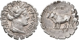 C. Marius C.f. Capito, 81 BC. Denarius (Silver, 19 mm, 3.94 g, 9 h), Rome. C•MARI•C•F CAPIT•XVIIII Draped bust of Ceres to right. Rev. Ploughman with ...