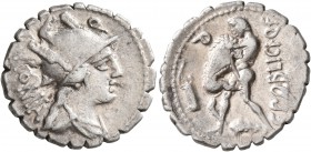 C. Poblicius Q.f, 80 BC. Denarius (Silver, 19 mm, 3.76 g, 7 h), Rome. ROMA - Q Helmeted and draped bust of Roma to right. Rev. C•POBLICI•Q•F - Q Hercu...