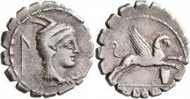 L. Papius, 79 BC. Denarius (Silver, 19 mm, 3.97 g, 5 h), Rome. Head of Juno Sospita to right, wearing goat-skin headdress; behind, falx foenaria. Rev....