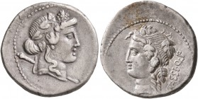 L. Cassius Q.f. Longinus, 78 BC. Denarius (Silver, 20 mm, 3.87 g, 11 h), Rome. Head of Liber to right, wearing wreath of ivy and fruit and with thyrsu...