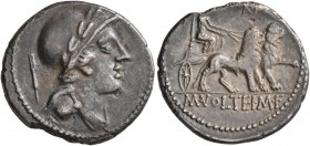 M. Volteius M.f, 78 BC. Denarius (Silver, 19 mm, 3.80 g, 6 h), Rome. Laureate, helmeted, and draped male bust to right; in field to left, control mark...