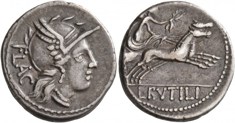 L. Rutilius Flaccus, 77 BC. Denarius (Silver, 19 mm, 3.69 g, 7 h), Rome. FLAC He...