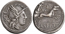L. Rutilius Flaccus, 77 BC. Denarius (Silver, 19 mm, 3.69 g, 7 h), Rome. FLAC Helmeted head of Roma to right. Rev. L•RVTILI Victory driving biga to ri...