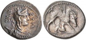C. Hosidius C.f. Geta, 64 BC. Denarius (Silver, 18 mm, 3.74 g, 5 h), Rome. GETA - III•VIR Diademed and draped bust of Diana to right, with bow and qui...