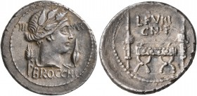 L. Furius Cn.f. Brocchus, 63 BC. Denarius (Silver, 20 mm, 3.81 g, 6 h), Rome. III - VIR / BROCCHI Head of Ceres to right; to left, grain ear; to right...