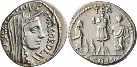 L. Aemilius Lepidus Paullus, 62 BC. Denarius (Silver, 19 mm, 4.03 g, 7 h), Rome. PAVLLVS LEPIDVS CONCORDIA Veiled and diademed head of Concordia to ri...