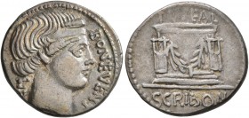 L. Scribonius Libo, 62 BC. Denarius (Silver, 19 mm, 3.96 g, 6 h), Rome. BON•EVENT LIBO Diademed head of Bonus Eventus to right. Rev. PVTEAL SCRIBON Ga...