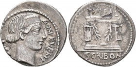 L. Scribonius Libo, 62 BC. Denarius (Silver, 20 mm, 3.99 g, 7 h), Rome. BON EVENT - [LIBO] Diademed head of Bonus Eventus to right. Rev. PVTEAL - SCRI...