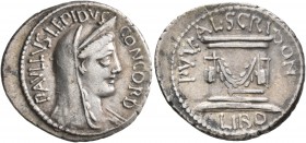 L. Aemilius Lepidus Paullus and L. Scribonius Libo, 62 BC. Denarius (Silver, 21 mm, 3.85 g, 5 h), Rome. PAVLLVS LEPIDVS CONCORD Diademed and veiled he...