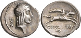 C. Piso L.f. Frugi, 61 BC. Denarius (Silver, 18 mm, 3.84 g, 6 h), Rome. Head of Apollo to right, his hair bound with fillet; behind, XXI. Rev. C PISO ...