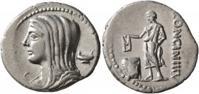 L. Cassius Longinus, 60 BC. Denarius (Silver, 20 mm, 3.81 g, 5 h), Rome. Veiled and diademed head of Vesta to left; below chin, control letter; in fie...