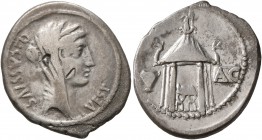Q. Cassius Longinus, 55 BC. Denarius (Silver, 21 mm, 3.72 g, 6 h), Rome. Q•CASSIVS - VEST Veiled and diademed head of Vesta to right. Rev. Temple of V...