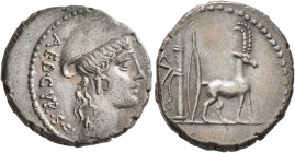 Cn. Plancius, 55 BC. Denarius (Silver, 18 mm, 4.14 g, 2 h), Rome. [CN•PLANCIVS] AED•CVR•S•C Female head to right, wearing causia. Rev. Cretan goat sta...