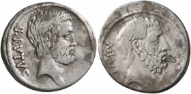 M. Junius Brutus, 54 BC. Denarius (Silver, 19 mm, 3.71 g, 4 h), Rome. BRVTVS Bearded head of L. Junius Brutus to right. Rev. AHALA Bearded head of C. ...