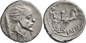 L. Hostilius Saserna, 48 BC. Denarius (Silver, 19 mm, 3.72 g, 9 h), Rome. Bearded male head with wild hair and long plaited beard to right; cloak arou...