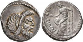 C. Vibius C.f. C.n. Pansa Caetronianus, 48 BC. Denarius (Silver, 16 mm, 3.68 g, 6 h), Rome. [PANSA] Mask of bearded Pan to right. Rev. [C•VIBIV]S•C F•...