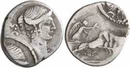 T. Carisius, 46 BC. Denarius (Silver, 18 mm, 3.24 g, 4 h), Rome. Draped bust of Victory right; behind, S•C. Rev. Victory in prancing quadriga to right...