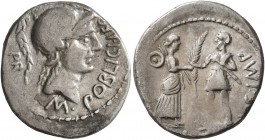 Cnaeus Pompey Jr, † 45 BC. Denarius (Silver, 19 mm, 3.72 g, 7 h), Marcus Poblicius, legatus pro praetore, Corduba, 46-45 BC. M•POBLICI•LEG•[PRO] - PR ...