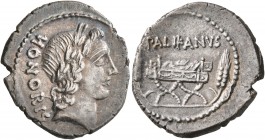 Lollius Palicanus, 45 BC. Denarius (Silver, 20 mm, 3.44 g, 12 h), Rome. HONORIS Laureate head of Honos to right. Rev. PALIKANVS Garlanded curule chair...