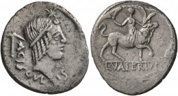L. Valerius Acisculus, 45 BC. Denarius (Silver, 19 mm, 3.70 g, 1 h), Rome. ACISCVLVS Diademed head of Apollo Soranus to right; above, star; in field t...