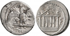 Petillius Capitolinus, 43 BC. Denarius (Silver, 17 mm, 3.69 g, 2 h), Rome. PETILLIVS - CAPITOLINVS Eagle standing front on thunderbolt, wings spread a...