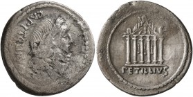 Petillius Capitolinus, 43 BC. Denarius (Silver, 20 mm, 3.77 g, 6 h), Rome. CAPITOLINVS Bare head of bearded Jupiter to right. Rev. PETILLIVS Temple of...
