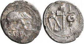 Julius Caesar, 49-44 BC. Denarius (Subaeratus, 19 mm, 2.78 g, 7 h), a contemporary plated imitation, irregular mint, after 49. CAESAR Elephant trampli...