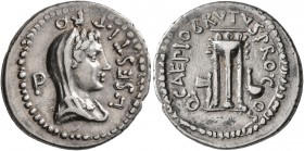 Brutus, † 42 BC. Denarius (Silver, 20 mm, 3.82 g, 12 h), military mint traveling with Brutus and Cassius in the East, L. Sestius, proquaestor, spring-...