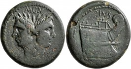 Sextus Pompey, † 35 BC. As (Bronze, 30 mm, 24.05 g, 1 h), Sicily, circa 42-38. MGN Laureate janiform head of Pompey the Great. Rev. PIVS / [IMP] Prow ...