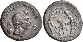 Sextus Pompey, † 35 BC. Denarius (Silver, 19 mm, 3.70 g, 5 h), military mint in Sicily, 37-36. MAG PIVS IMP ITER Bare head of Cn. Pompeius Magnus to r...