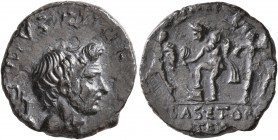 Sextus Pompey, † 35 BC. Denarius (Silver, 16 mm, 3.39 g, 2 h), military mint in Sicily, 37-36. MAG PIVS IMP ITER Bare head of Cn. Pompeius Magnus to r...