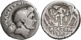 Sextus Pompey, † 35 BC. Denarius (Silver, 18 mm, 3.58 g, 9 h), military mint in Sicily, 37-36. MAG PIVS IMP ITER Bare head of Cn. Pompeius Magnus to r...