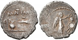 Mark Antony, 44-30 BC. Quinarius (Silver, 15 mm, 1.49 g, 2 h), Gallia Transalpina, 43-42 BC. M•ANT•IMP Lituus, jug and raven. Rev. Victory standing ri...