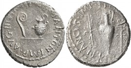 Mark Antony, 44-30 BC. Denarius (Silver, 17 mm, 3.47 g, 7 h), Mark Antony with L Munatius Plancus, mint moving with Antony in Greece, 40 BC. M•ANTON•I...
