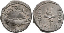 Mark Antony, 44-30 BC. Denarius (Silver, 17 mm, 3.70 g, 5 h), military mint moving with Mark Antony (Patrae?), 32-31. ANT•AVG III VIR R•P C Galley rig...