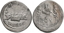 Mark Antony, 44-30 BC. Denarius (Silver, 18 mm, 3.34 g, 12 h), military mint moving with Mark Antony (Patrae?), 32-31. ANT•AVG III VIR R•P C Galley ri...