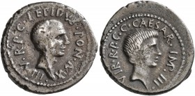 Lepidus and Octavian. Denarius (Silver, 18 mm, 3.70 g, 5 h), military mint with Lepidus in Italy, circa November-December 43 BC. LEPIDVS•PON•MAX•III•V...