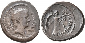 Octavian, 44-27 BC. Denarius (Silver, 20 mm, 3.98 g, 4 h), L. Livineius Regulus, moneyer, Rome, 42 BC. C CAESAR III VIR R P C Bare head of Octavian to...