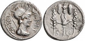 Octavian, 44-27 BC. Denarius (Silver, 19 mm, 3.31 g, 8 h), mint moving with Octavian in Greece, 42 BC. CAESAR III VIR•R•P C Helmeted and draped bust o...
