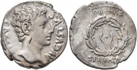Augustus, 27 BC-AD 14. Denarius (Silver, 19 mm, 4.03 g, 6 h), uncertain mint in Spain (Colonia Patricia?), 19 BC. CAESAR AVGVSTVS Bare head of Augustu...