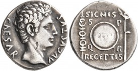 Augustus, 27 BC-AD 14. Denarius (Silver, 17 mm, 3.92 g, 7 h), uncertain mint in Spain (Colonia Patricia?), circa 19 BC. CAESAR AVGVSTVS Bare head of A...