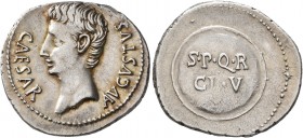 Augustus, 27 BC-AD 14. Denarius (Silver, 21 mm, 3.79 g, 6 h), uncertain mint in Spain (Colonia Caesaraugusta?), circa 19-18 BC. CAESAR AVGVSTVS Bare h...
