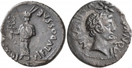 Augustus, with Divus Julius Caesar, 27 BC-AD 14. Denarius (Silver, 19 mm, 3.49 g, 1 h), M. Sanquinius, moneyer, Rome, 17 BC. [AVGVST] DIVI F•LVDOS•SAE...