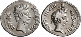 Augustus, 27 BC-AD 14. Denarius (Silver, 20 mm, 4.02 g, 7 h), Rome, M. Sanquinius, moneyer, 17 BC. AVGVSTVS DIVI•F Bare head of Augustus to right. Rev...