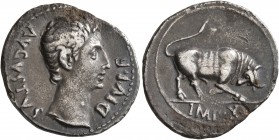 Augustus, 27 BC-AD 14. Denarius (Silver, 21 mm, 3.64 g, 7 h), Lugdunum, 15-13 BC. AVGVSTVS DIVI•F Bare head of Augustus to right. Rev. IMP•X Bull butt...