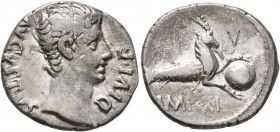 Augustus, 27 BC-AD 14. Denarius (Silver, 18 mm, 3.68 g, 6 h), Lugdunum, 12 BC. AVGVSTVS DIVI•F Bare head of Augustus to right. Rev. IMP XI Capricorn t...